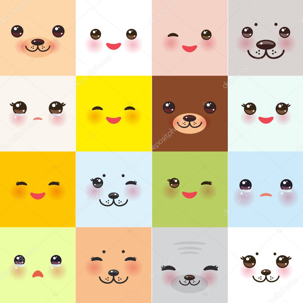 Kawaii funny muzzle set with pink cheeks and winking eyes on square background. Vector illustration