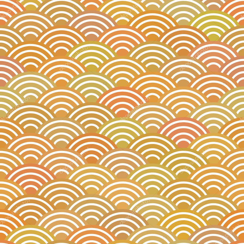 seamless pattern abstract scales simple Nature background with japanese wave circle pattern pastel colors orange beige mustard background. Textile print, web page fill. Vector illustration