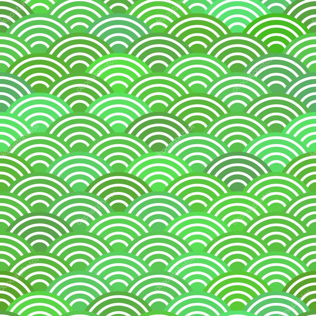 seamless pattern dragon fish scales simple seamless pattern Nature background with japanese wave circle pattern pastel colors on green background. Vector illustration