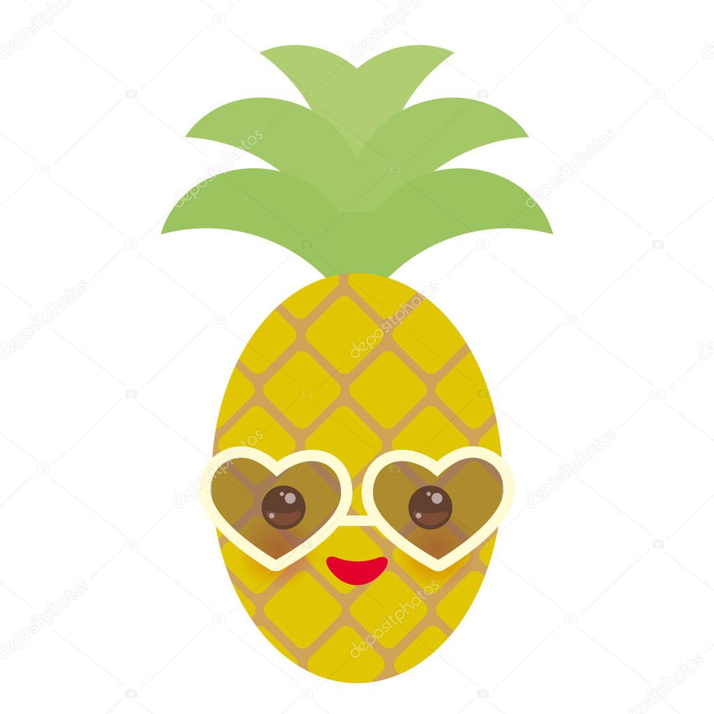 cute funny kawaii exotic fruit pineapple with sunglasses on white background. Hot summer day, pastel colors card design, banner template. Vector illustration