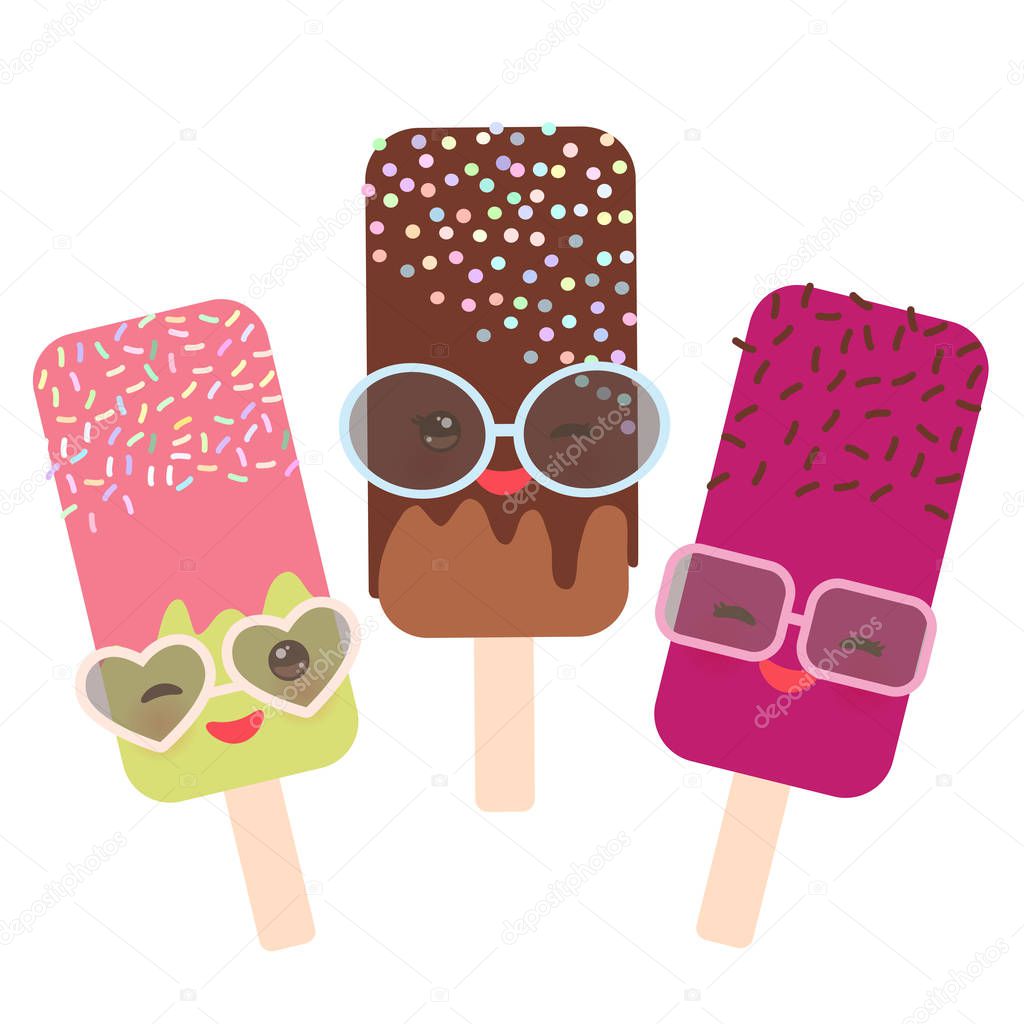 set ice cream, ice lolly Kawaii with sunglasses pink cheeks and winking eyes, pastel colors on white background. Vector illustration