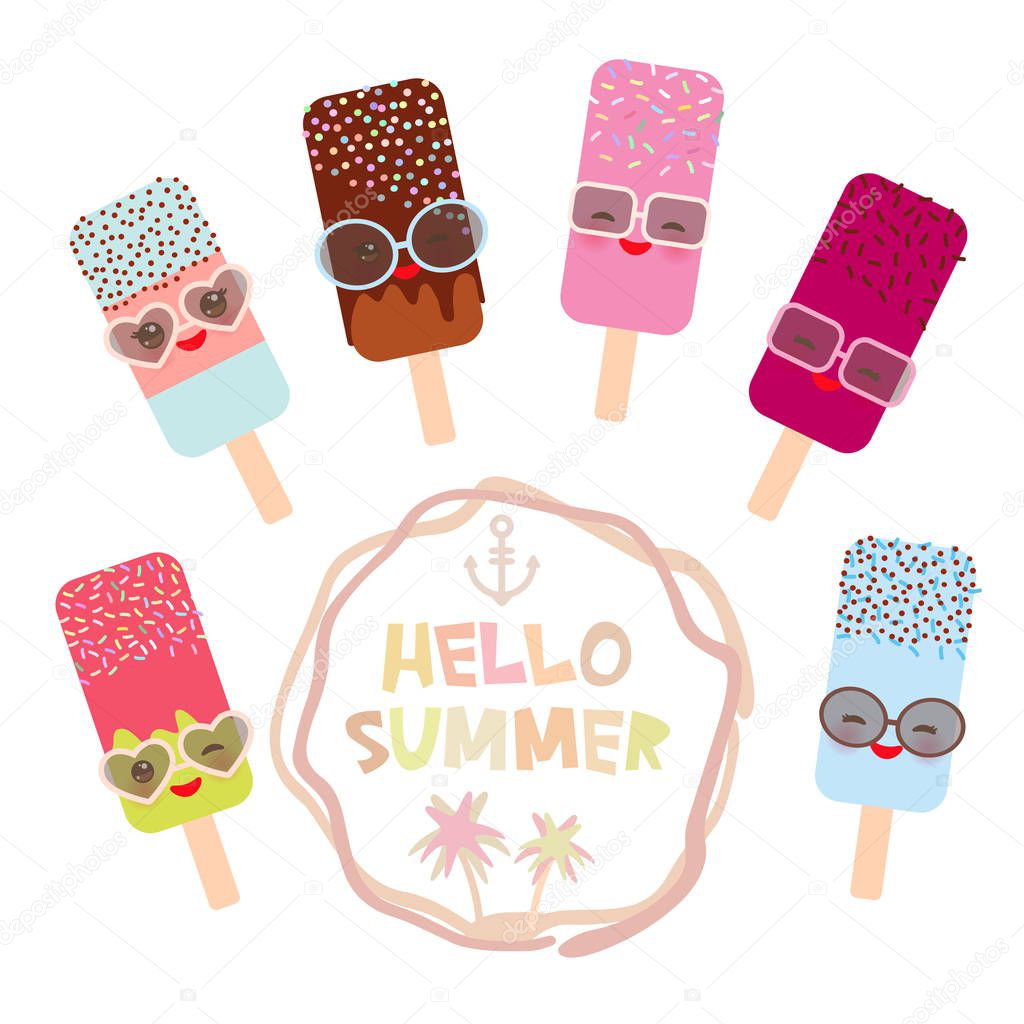 Hello Summer ice cream, ice lolly set, Kawaii with sunglasses pink cheeks and winking eyes, pastel colors on white background. Vector illustration