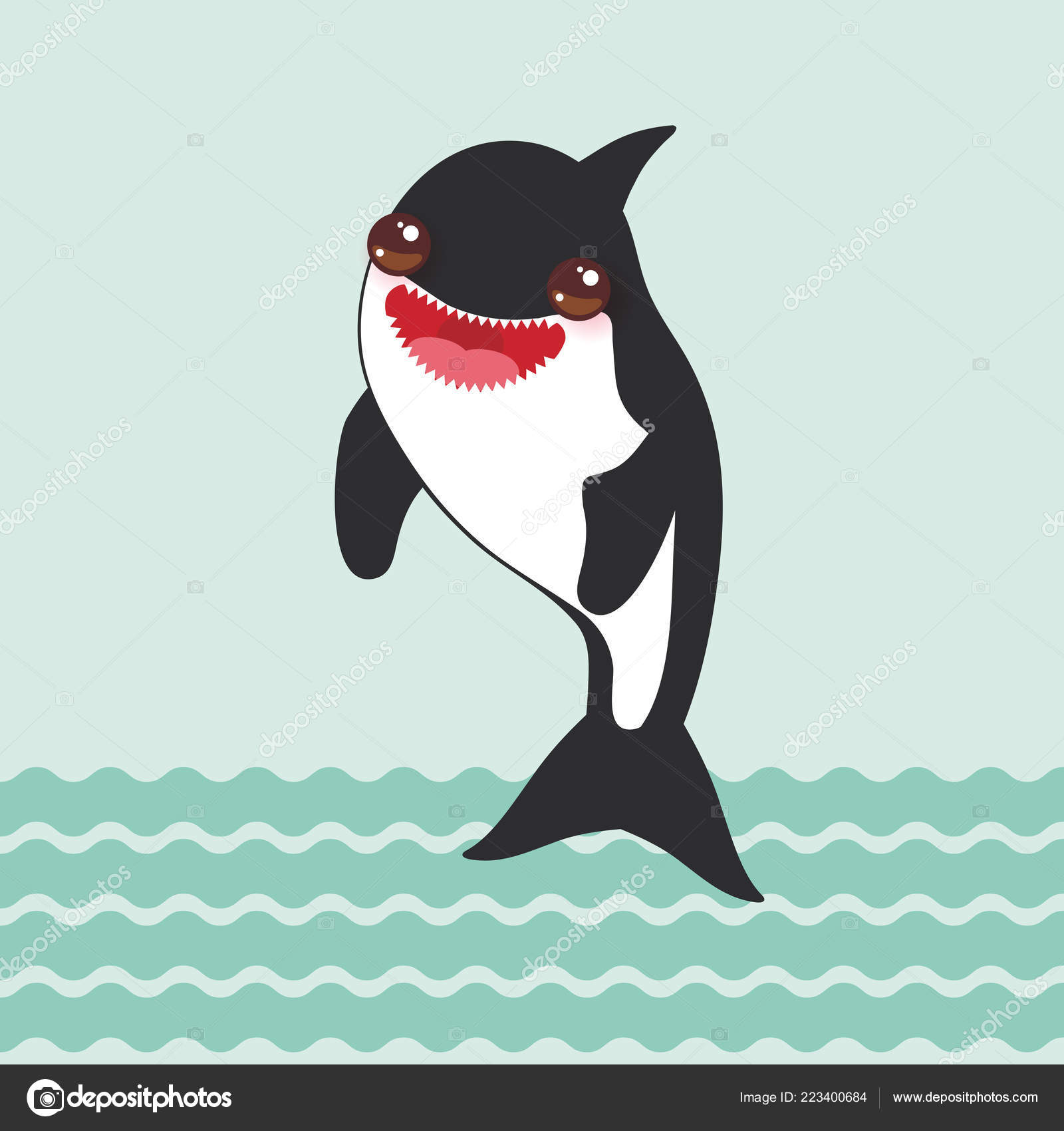 卡通格拉姆斯波杀人鲸Kuaii 与粉红色的脸颊和积极的微笑在蓝色波浪海洋背景向量例证图库矢量图©Ekaterina-P 223400684