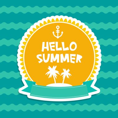 Merhaba yaz pastel kart tasarımı, banner şablon şerit Palmiye Adası'nda mavi dalgalar deniz okyanus arka plan, beyaz yeşil turuncu renk. Vektör çizim