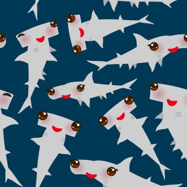Dikişsiz desen karikatür gri pürüzsüz hammerhead sik köpekbalığı Kawaii kırpışan gözleri koyu mavi arka plan üzerinde gülümseyen pozitif ve pembe yanaklar. Vektör çizim
