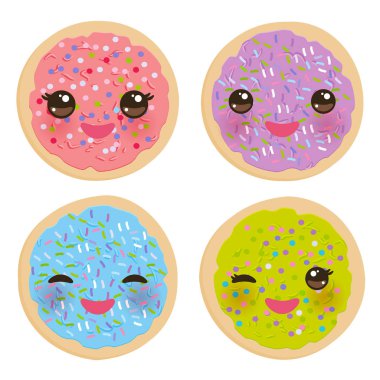 Kawaii buzlu şeker, İtalyan taze pembe krema ve renkli çikolata bisküvi kurabiyeleri. Parlak renkler mor yeşil beyaz zemin üzerine mavi pembe. Vektör çizim