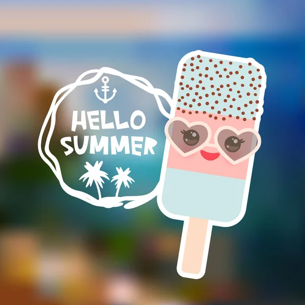 アイスクリーム 氷サングラス ピンクの頬とウインクとキャンディーかわいい目 パステル カラー こんにちは夏のカードのデザイン バナーのテンプレート ビーチ山島青い海海ぼかしを背景に ベクトル図 — ストックベクタ
