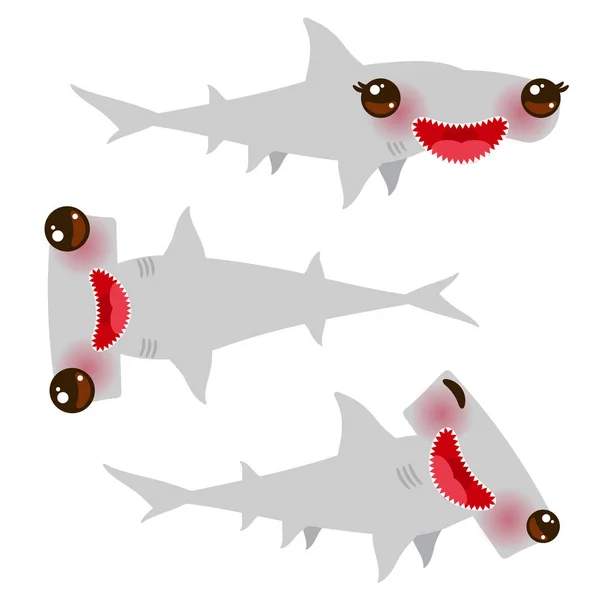 Cartoon Gray Smooth Hammerhead Winghead Shark Set Kawaii Pink Cheeks — Stock Vector