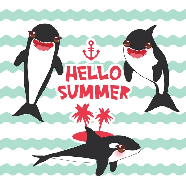 漫画グランパス セット こんにちは夏 シャチ シャチ 海オオカミかわいいピンクの頬と青い波海海を背景に肯定的な笑みを浮かべてします バナー テンプレート 名刺のデザインです ベクトル図 — ストックベクタ