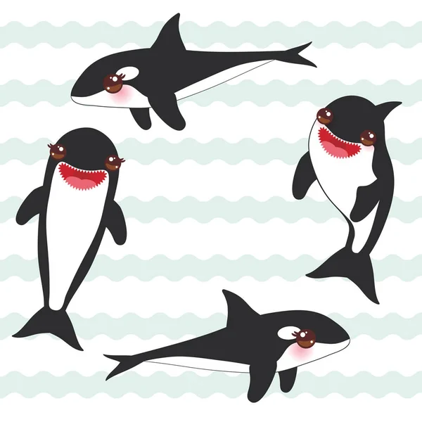 Cartoon Grampus Set Orca Killer Whale Sea Wolf Kawaii Pink — Stock Vector