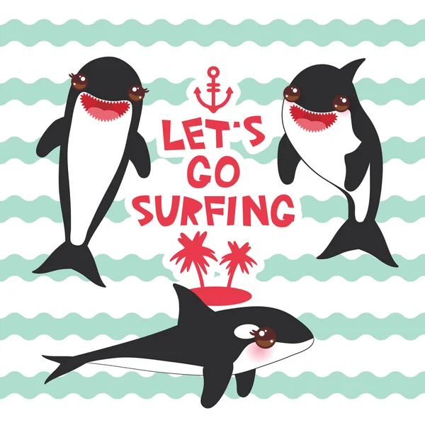 Kreskówka Grampus Zestaw Puszcza Surfing Orca Orka Wilk Morski Kawaii — Wektor stockowy
