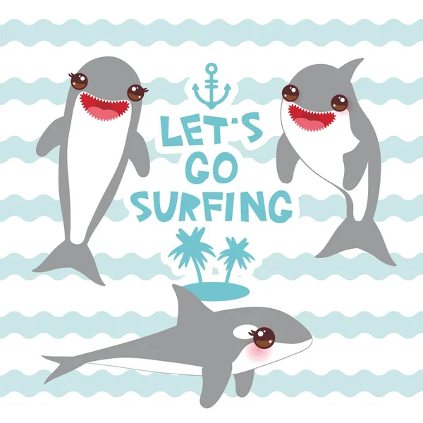 Lets Surfing Cartoon Dolphin Set Kawaii Pink Cheeks Positive Smiling — Stock Vector