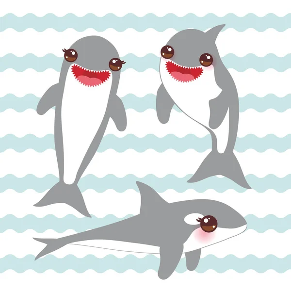 卡通海豚集 川井与粉红色的脸颊和积极的微笑在蓝色波浪海洋背景 横幅模板 卡片设计 向量例证 — 图库矢量图片