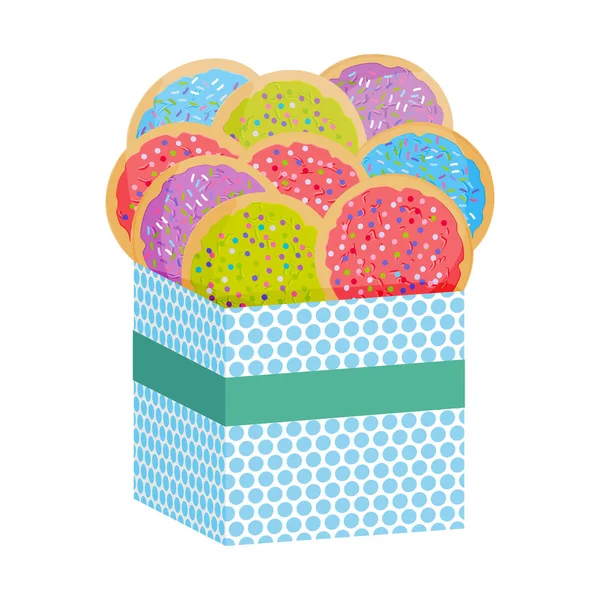 磨砂糖饼干 设置意大利新鲜出炉的糖饼干与粉红色绿色紫罗兰色的糖霜和五颜六色的洒水 赠送带饼干的礼品盒 白色背景上明亮的颜色 向量例证 — 图库矢量图片