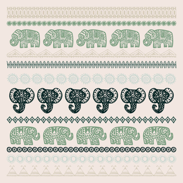 set of brushes Indian Elephant with native zigzag ornaments ornamental strips. Hand drawn ethnic tribal decorated Elephant. dark olive green contour on Beige background. Vector illustration