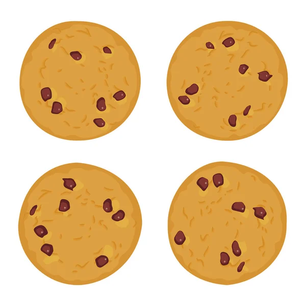 Chocolate Chip Cookie Ingesteld Versgebakken Vier Cookies Geïsoleerd Een Witte — Stockvector