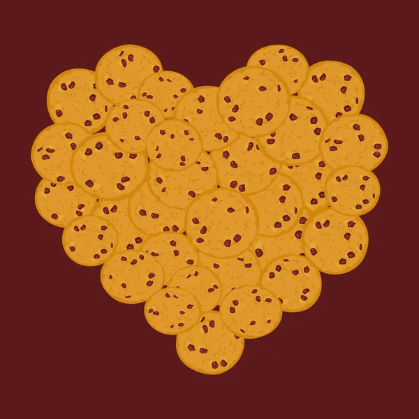 Hjärtat Chocolate Chip Cookie Uppsättning Nybakat Fyra Cookies Mörkbrun Bakgrund — Stock vektor