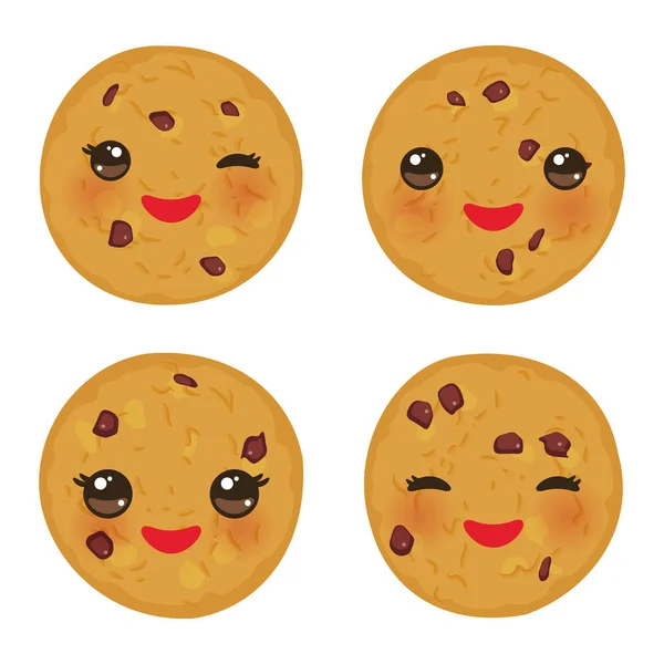 川井巧克力片饼干设置新鲜出炉隔离在白色背景 可爱的脸 粉红色的脸颊和眼睛 明亮的颜色 向量例证 — 图库矢量图片