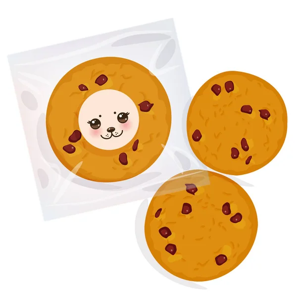 Galleta Chocolate Hecha Mano Recién Horneada Cuatro Galletas Paquete Plástico — Vector de stock