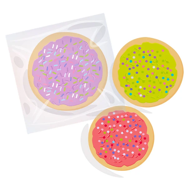 磨砂糖饼干 将意大利新鲜出炉的饼干放在透明的塑料包装中 配上粉红色的紫罗兰色 绿色的糖霜和五颜六色的洒水 白色背景上明亮的颜色 向量例证 — 图库矢量图片