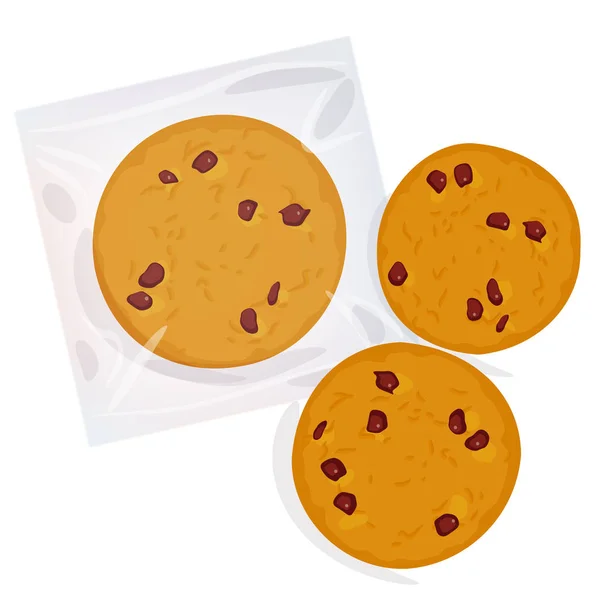 Σοκολατένια Μπισκότα Φρεσκοψημένα Τέσσερις Cookies Διαφανή Πλαστική Συσκευασία Που Απομονώνονται — Διανυσματικό Αρχείο