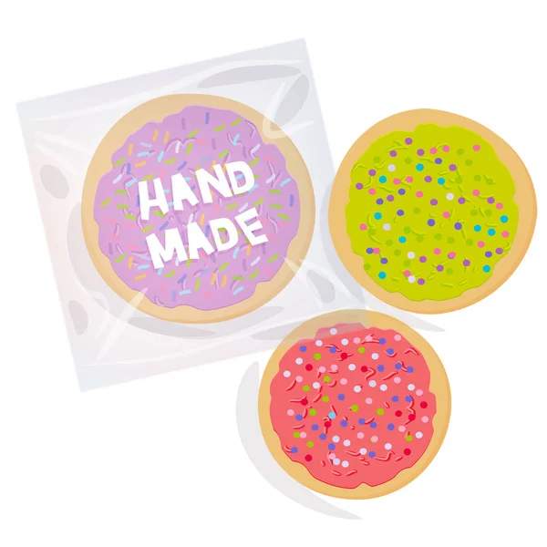 手工制作的磨糖饼干 将新鲜出炉的糖饼干放在透明的塑料包装中 配以粉红色的绿色紫罗兰色糖霜和五颜六色的洒水 白色背景上明亮的颜色 向量例证 — 图库矢量图片