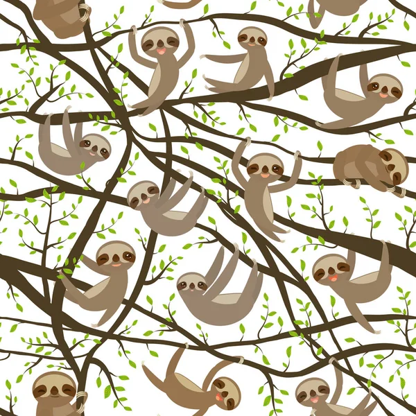 Seamless Pattern Funny Cute Smiling Three Toed Sloth Green Branch — Stock Vector