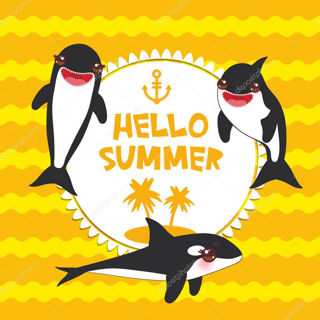 Cartoon grampus set. Hello Summer, orca, killer whale, sea wolf Kawaii with pink cheeks and positive smiling on yellow orange waves sea ocean background banner template, card design. Vector illustration