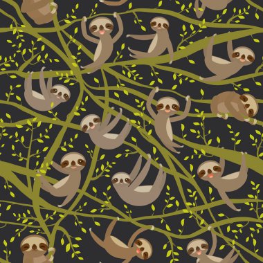 seamless pattern funny and cute smiling Three-toed sloth on green branch tree creeper, darck green trendy background. Vector illustration clipart