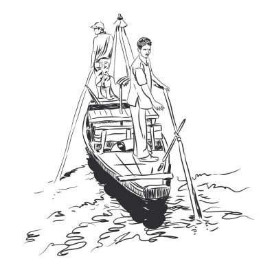 Bir tekne nehir kenarında duran iki erkek kroki ve kürek elinde tuttu. Siyah kontur beyaz arka plan üzerinde izole. Vektör çizim