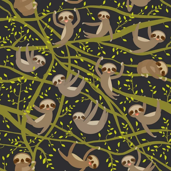 Seamless Pattern Funny Cute Smiling Three Toed Sloth Green Branch — Stock Vector