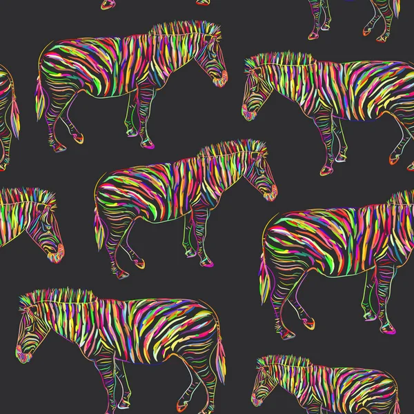 Duhový Zebra Portrét Bezešvé Vzor Skica Černém Pozadí Vektorové Ilustrace — Stockový vektor