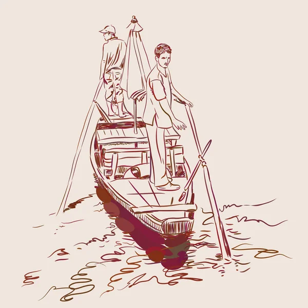 Disegna Due Uomini Piedi Sul Bordo Una Barca Nel Fiume — Vettoriale Stock