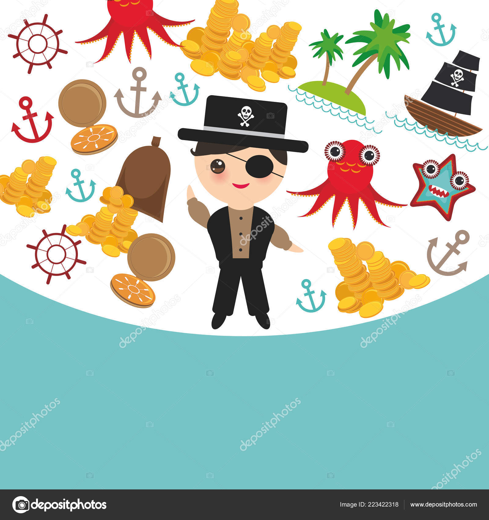 Conjunto de piratas com navio e ouro