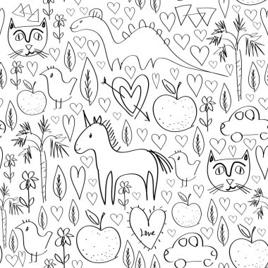 Kız Doğum günü pembe seamless modeli ile hayvan ve kalpleri sitesi, blog, boyama kitabı, kumaş için beyaz arka plan üzerinde izole anahat siyah. Vektör çizim