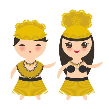Geleneksel kostüm, beyaz arka plan üzerinde izole kız erkek Kawaii Hawaii kartı tasarımında Hawaiian Hula Dansçı. Vektör çizim
