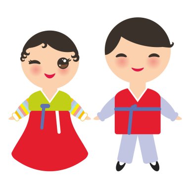 Koreliler Kawaii erkek ve kız Ulusal Hanbok Joseon-ot kostüm. Çizgi film çocuk geleneksel Güney Kore'de izole üzerinde beyaz arka plan elbise. Vektör çizim