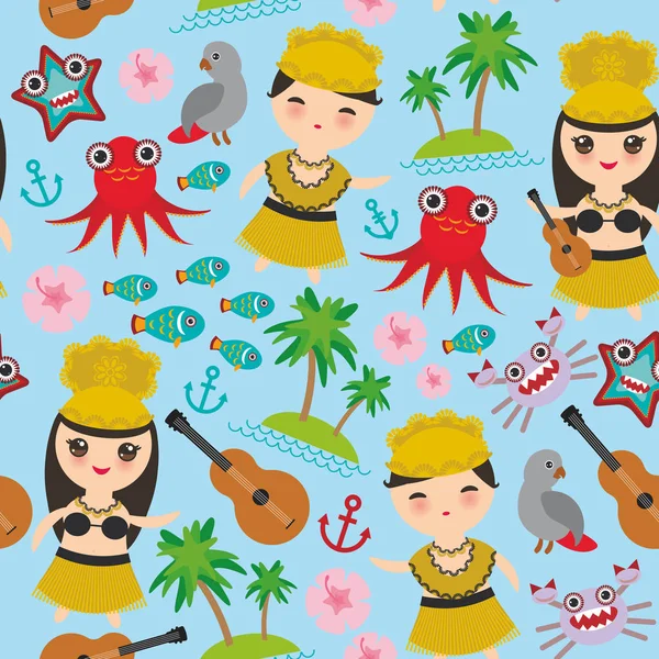 Hawaiian Hula Dancer Kawaii Boy Girl Seamless Pattern Insieme Simboli — Vettoriale Stock