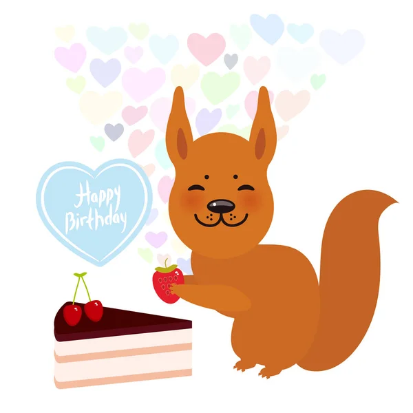 Joyeux Anniversaire Carte Design Mignon Écureuil Kawaii Avec Gâteau Sucré — Image vectorielle