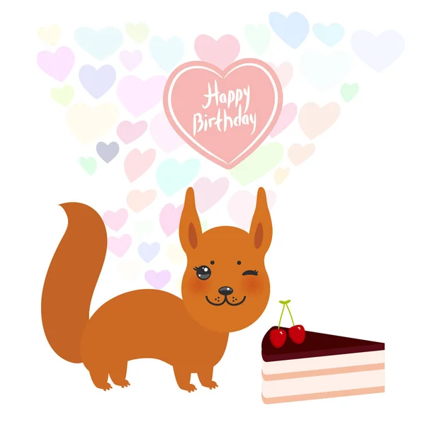 Buon Compleanno Card Design Carino Scoiattolo Kawaii Con Torta Dolce — Vettoriale Stock