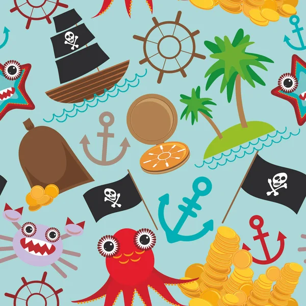 Mariene Naadloze Piraat Patroon Lichte Blauwe Achtergrond Piraat Boot Met — Stockvector
