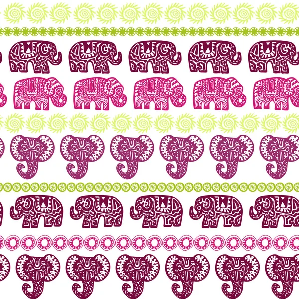 美丽的无缝的样式印度大象与装饰性小条 手绘的民族部落装饰大象 深粉色勃艮第浅绿色紫色轮廓隔离在白色背景 向量例证 — 图库矢量图片
