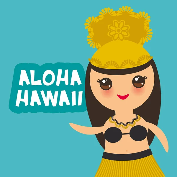 Aloha Hawaje Karta Projektowanie Hawajskie Hula Tancerz Kawaii Dziewczyny Zielonym — Wektor stockowy