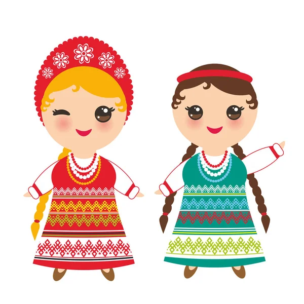 Σλαβική Κορίτσι Πράσινο Κόκκινο Sundress Και Λευκό Πουκάμισο Κεντήματα Μαλλιά — Διανυσματικό Αρχείο