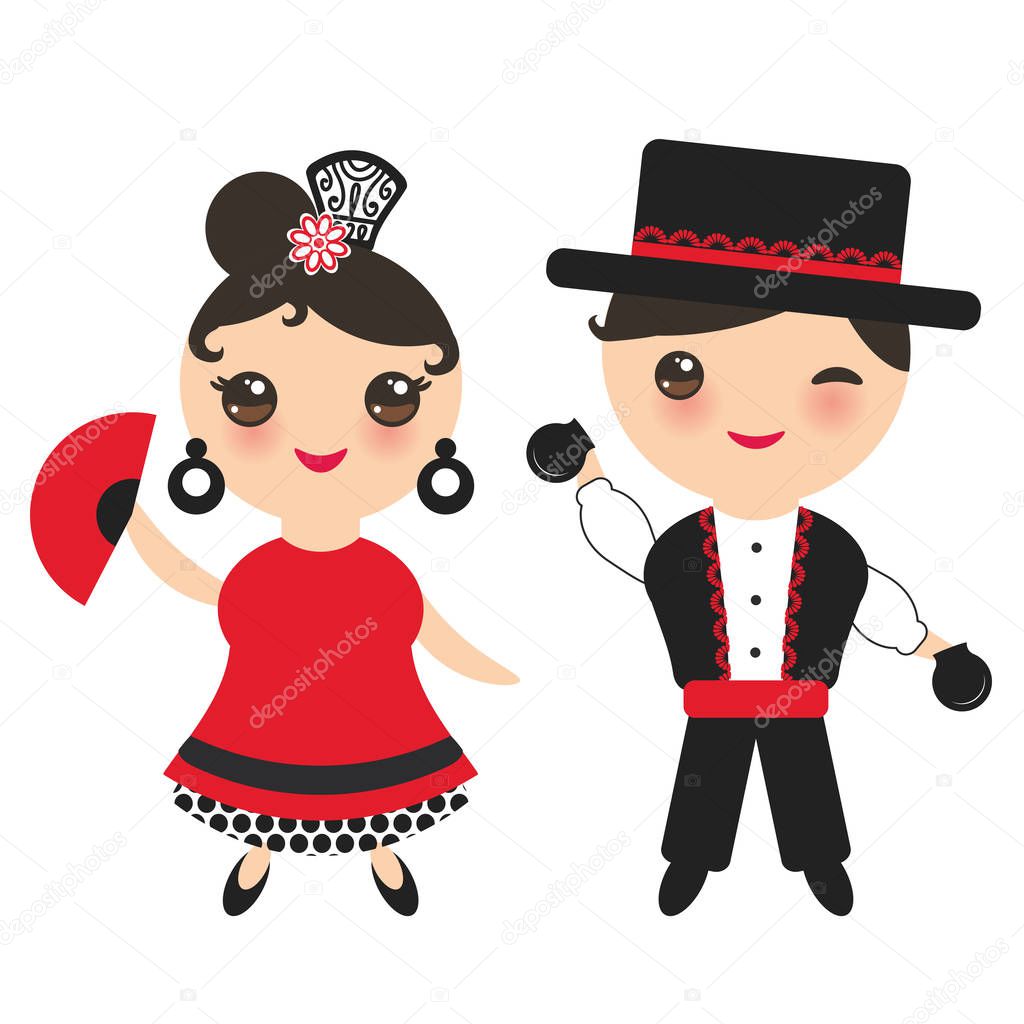 Spanish flamenco dancer. Kawaii cute face with pink cheeks and winking eyes. Gipsy girl and boy, red black white dress, polka dot fabric, Isolated on white background. Vector illustration