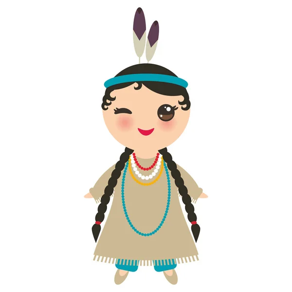 Indios Americanos Kawaii Chica Traje Nacional Niños Dibujos Animados Con — Vector de stock