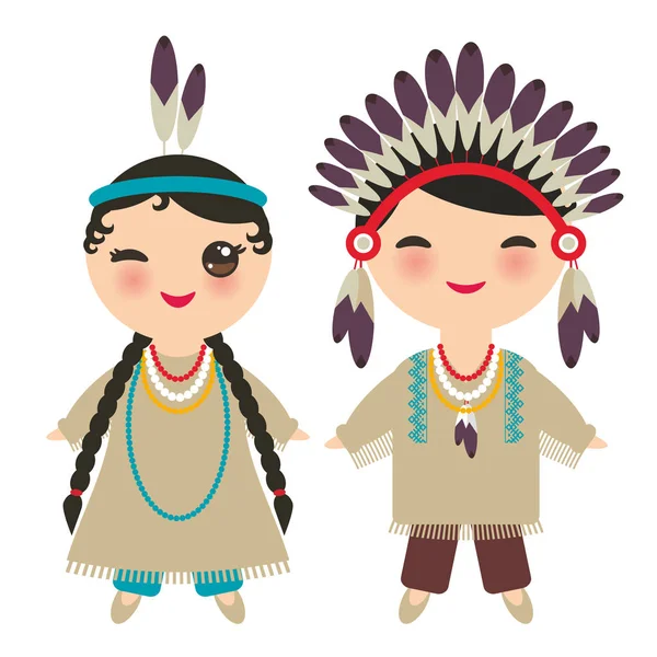アメリカインディアン カワイイ男の子と民族衣装の女の子 伝統的なドレス ホワイト バック グラウンドに分離されたアメリカ大陸の先住民の子どもたち漫画 ベクトル図 — ストックベクタ