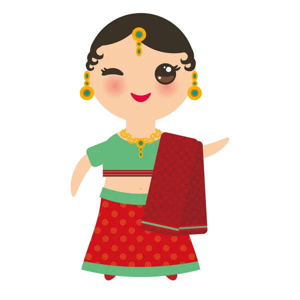 Indienne Kawaii Costume National Dessin Animé Enfants Inde Traditionnelle Robe — Image vectorielle