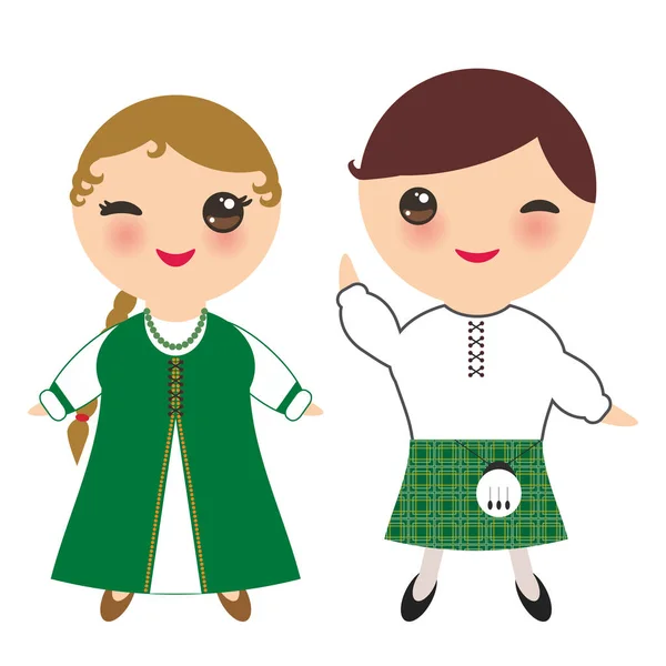 アイルランドの男の子と女の子に民族衣装と帽子 伝統的なアイルランドの漫画の子供たちをドレスアップします 白い背景上に分離 ベクトル図 — ストックベクタ
