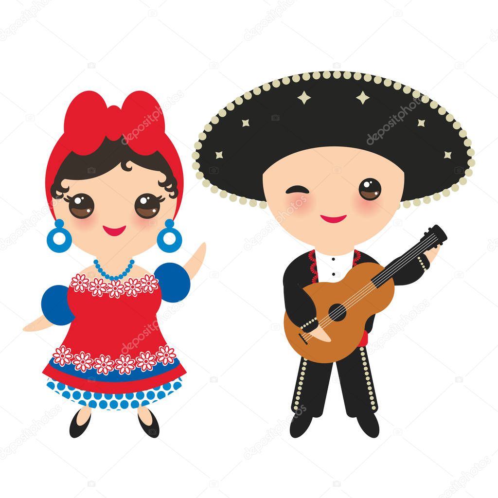 Cubans boy and girl in national costume and hat. Cartoon children in traditional Cuba dress, guitar. Isolated on white background. Vector illustration